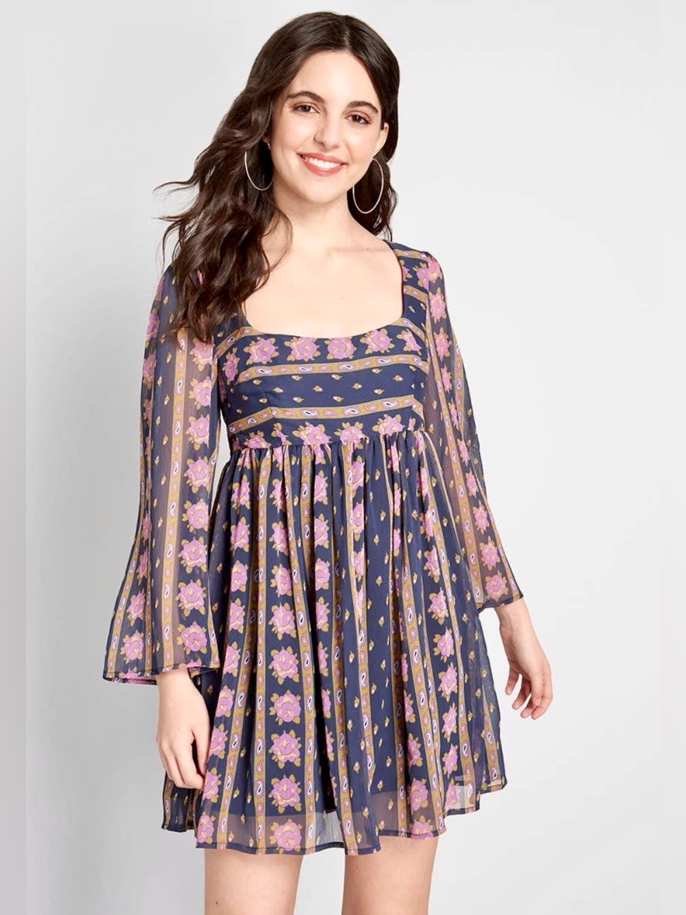 ModCloth Sweet Sixties" Babydoll Mini Dress, Square-Neck, Navy & Pink Floral, 6